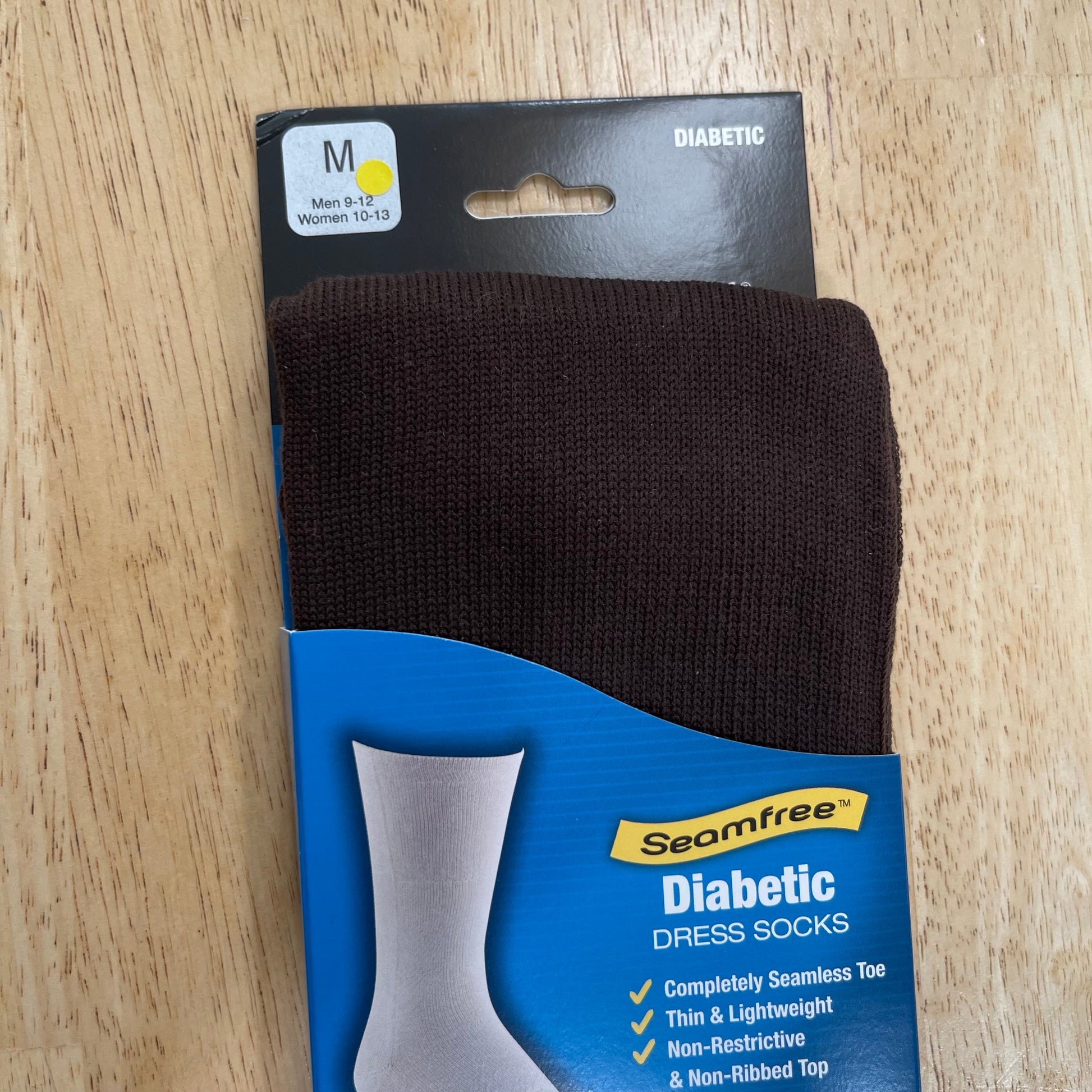 FD380 Foundation Seemfree Diabetic Dress socks close up on brown color