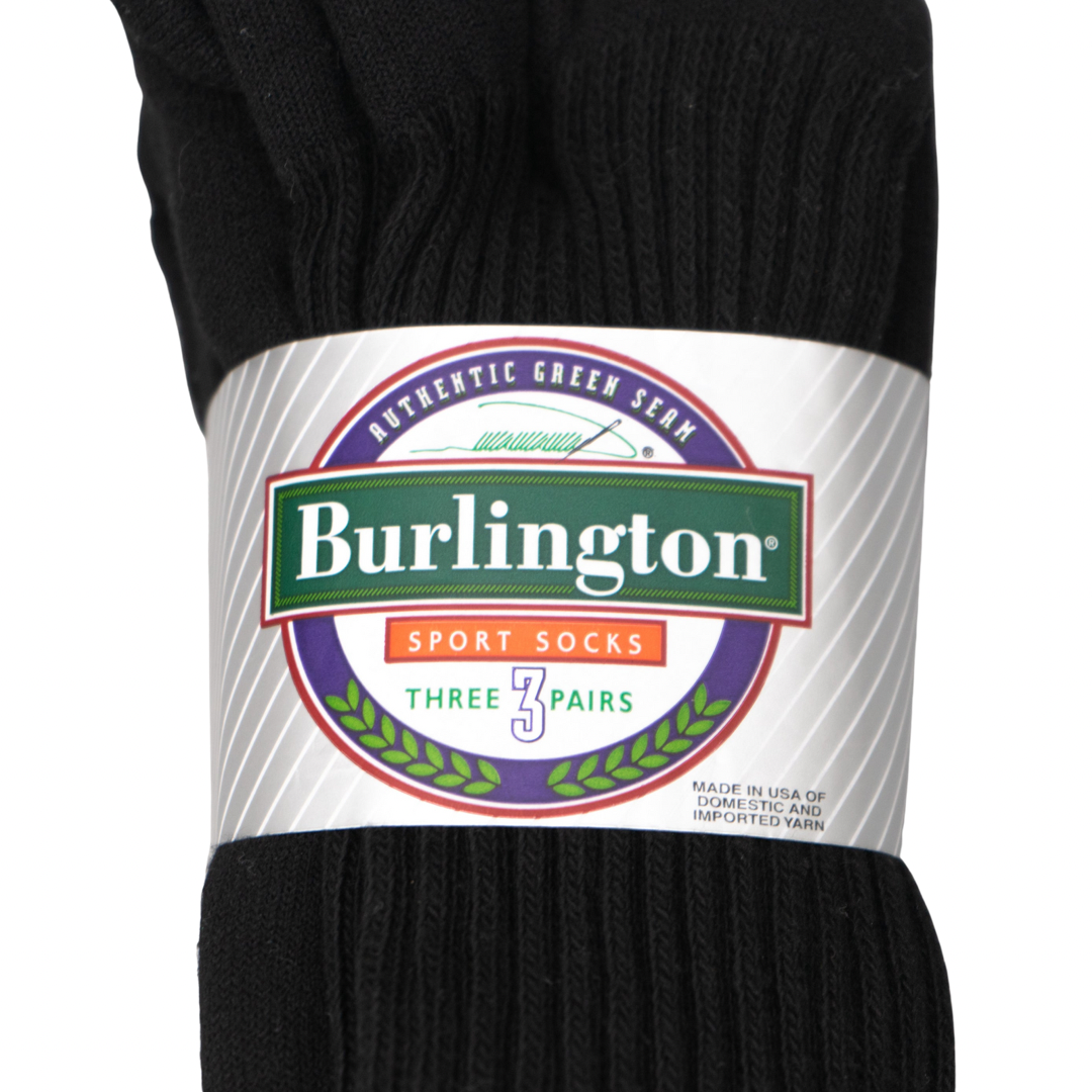 BB605 Burlington Sport Socks 3 pack - Black - back cover photo of black athletic crew socks in a 3 pair pack. close up on the product label that states, "authentic green seam" Burlington logo, Sport socks, and 3 pairs.