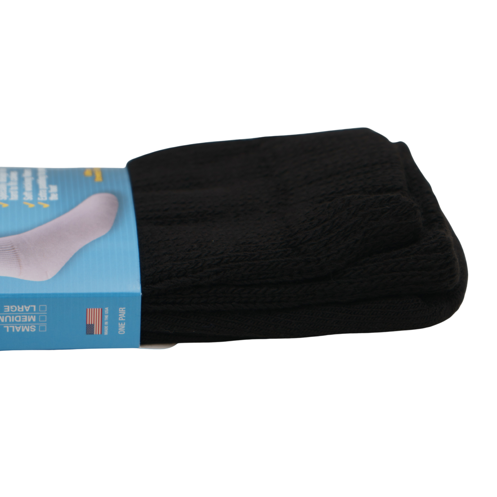 FD390BLK front close up of product material of sock in black.
Specially designed for hard to fit calves.
Soft wicking fibers.
Extra padding to protect the foot.
Ultra stretch top.