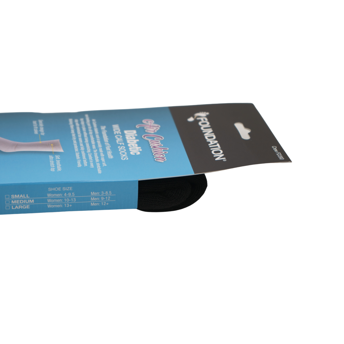 FD390BLK side profile of product packaging which shows the size chart.
Small is for womens 4-9 or men 3-8.5
Medium is for Women 10-13 or men 9-12.
Large is for WOment 13+ or men 12+