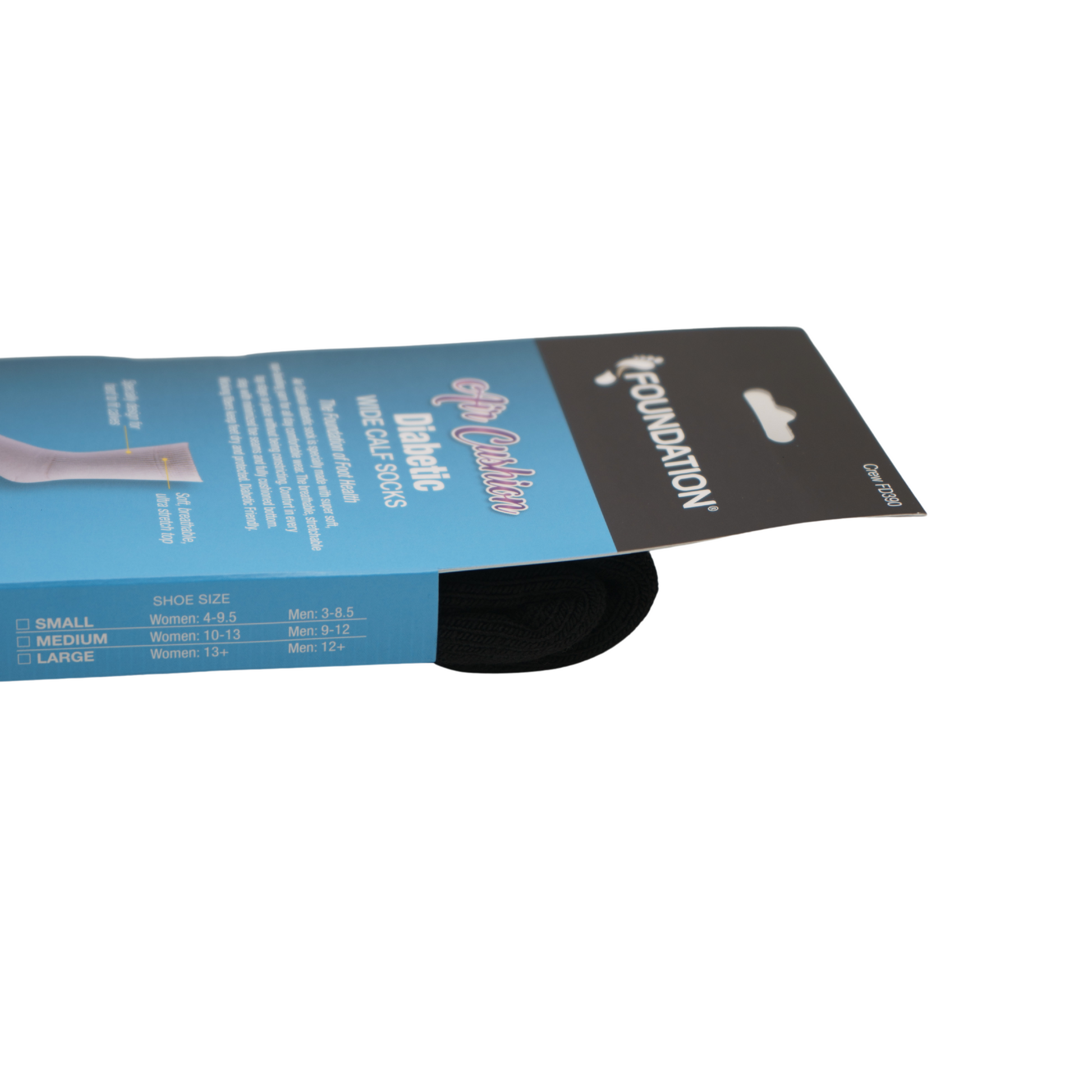 FD390BLK side profile of product packaging which shows the size chart.
Small is for womens 4-9 or men 3-8.5
Medium is for Women 10-13 or men 9-12.
Large is for WOment 13+ or men 12+