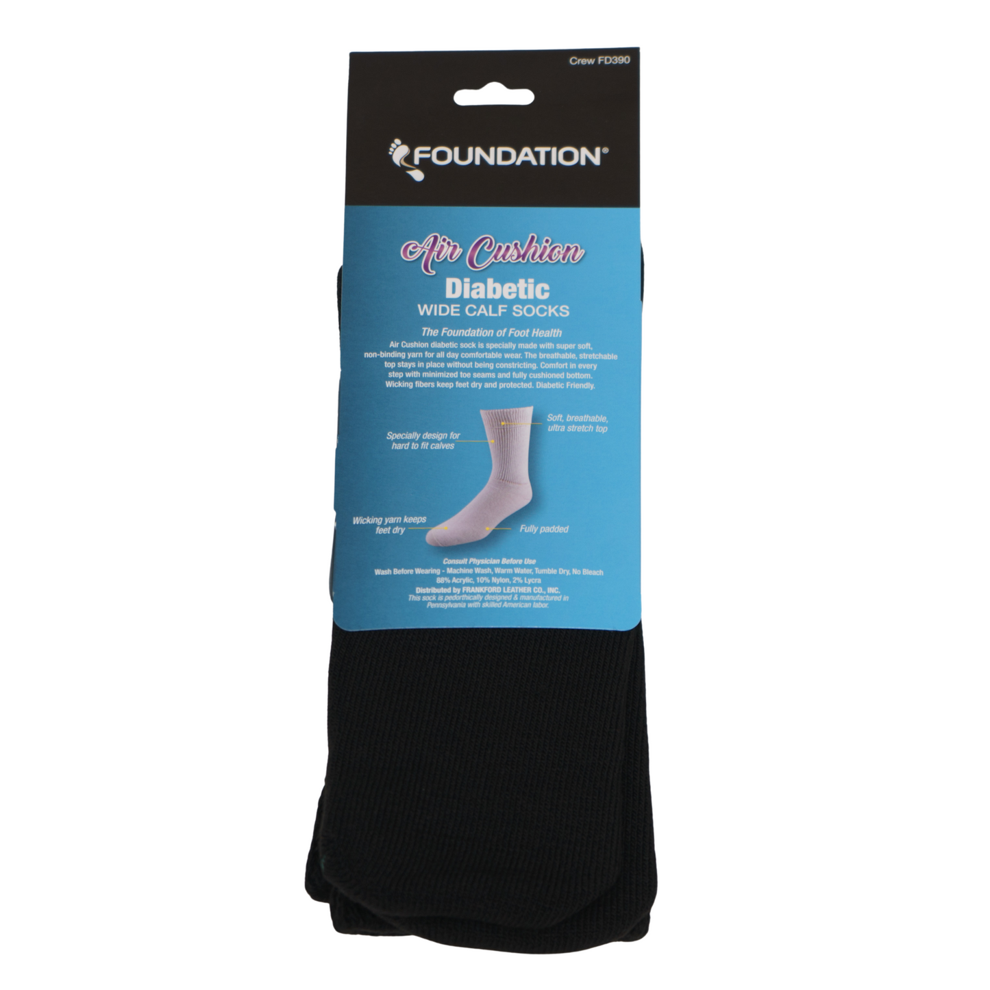 FD390 air cushion socks rear cover
Soft, breathable ultra stretch top.
Fully padded.
Wicking yarn keeps feet dry.
8% acrylic, 10% nylon, and 2% lycra.
Made in USA.