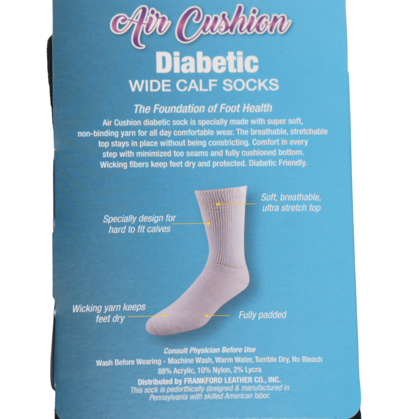 FD390 air cushion socks close up on rear label.
Soft, breathable ultra stretch top.
Fully padded.
Wicking yarn keeps feet dry.
8% acrylic, 10% nylon, and 2% lycra.
Made in USA.