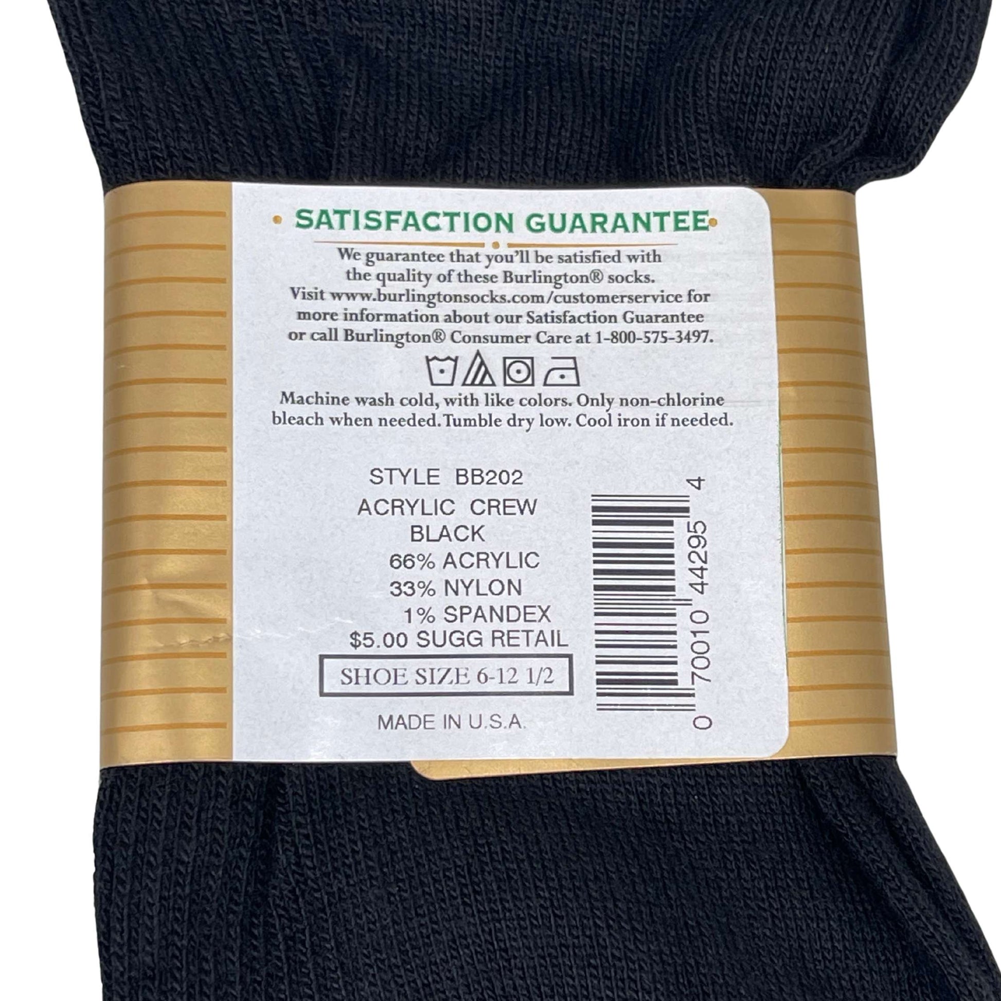 BB202 Dress Acrylic Sock - Black Close up on rear product label. Made of 66% acrylic, 33% nylon, 1% spandex.

Shoe size is from 6 through 12 and a half.


