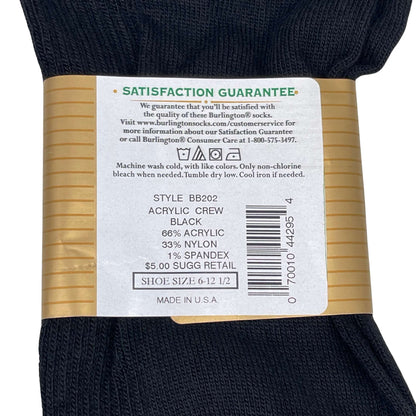 BB202 Dress Acrylic Sock - Black Close up on rear product label. Made of 66% acrylic, 33% nylon, 1% spandex.

Shoe size is from 6 through 12 and a half.


