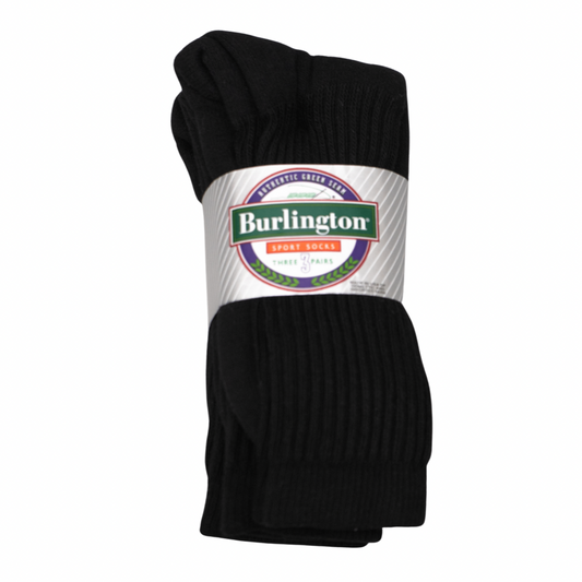 BB605 Burlington Sport Socks 3 pack - Black - cover photo of front of packaging of black crew athletic socks in a 3 pair pcak.