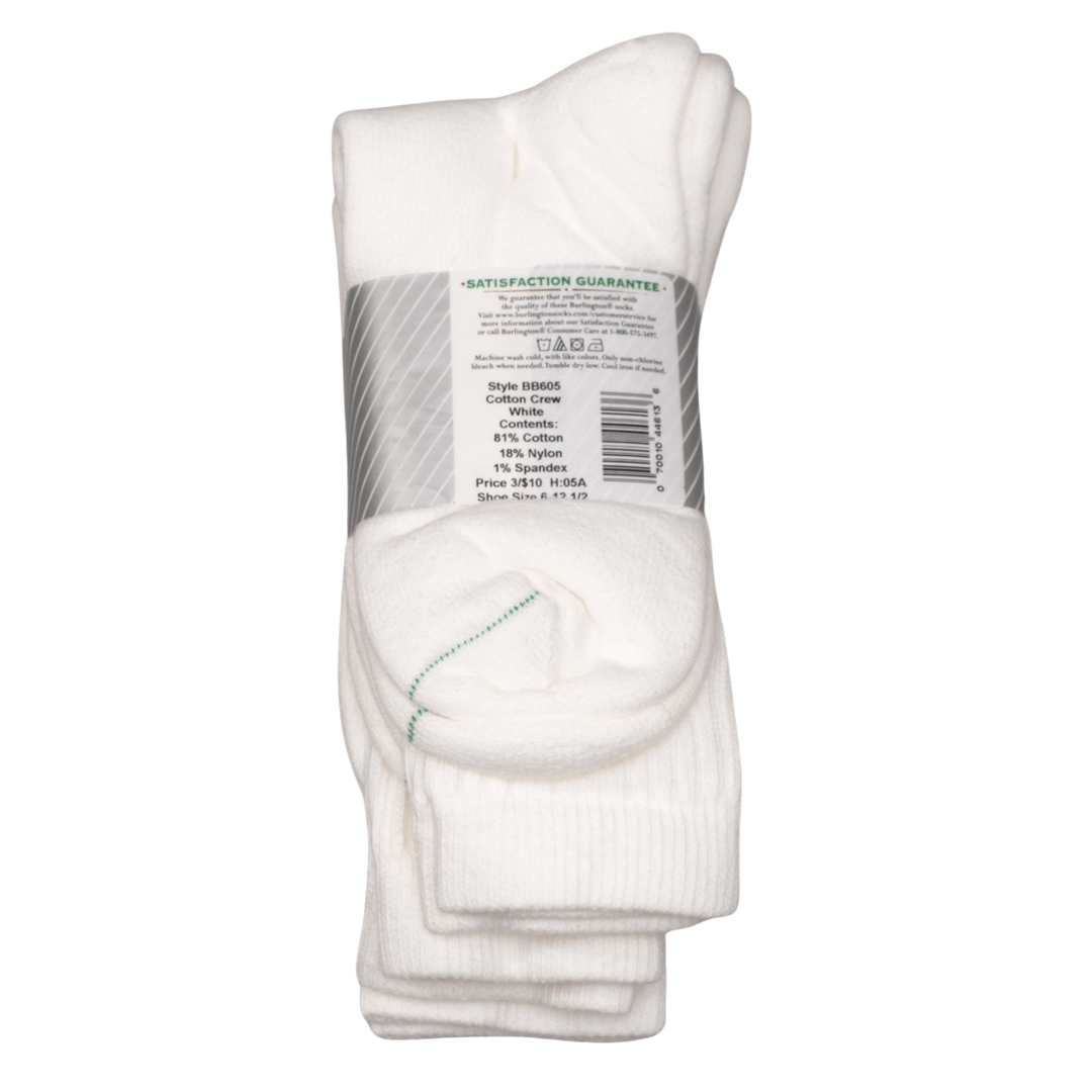 BB605 Burlington Sport Socks 3 pack - White - back of packaging
white athletic crew socks in a 3 pair pack. Made of 81% cotton, 18% nylon and 1% spandex. Made in USA for shoe size 6 and a half through size 12 and a half.