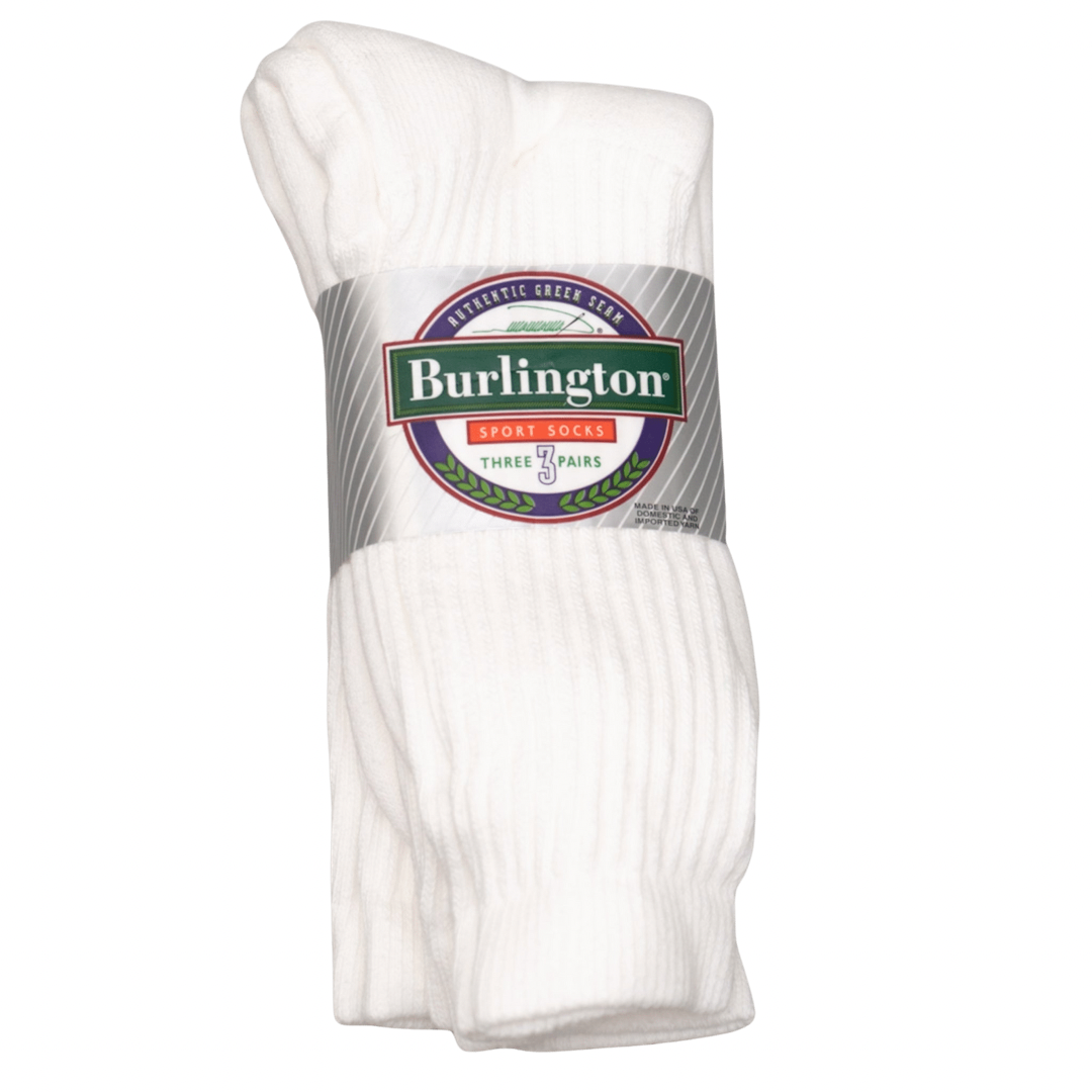 front of product packaging. Photo of a package of 3 pairs of white crew socks from Burlington - BB605 Burlington Sport Socks 3 pack - White - 