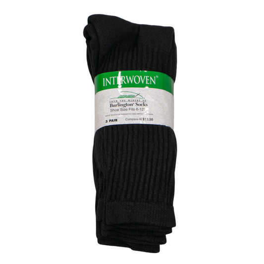 Cover photo of black 3 pair p[ack of crew socks from Interwoven in the product packaging with the label wrapped around the middle