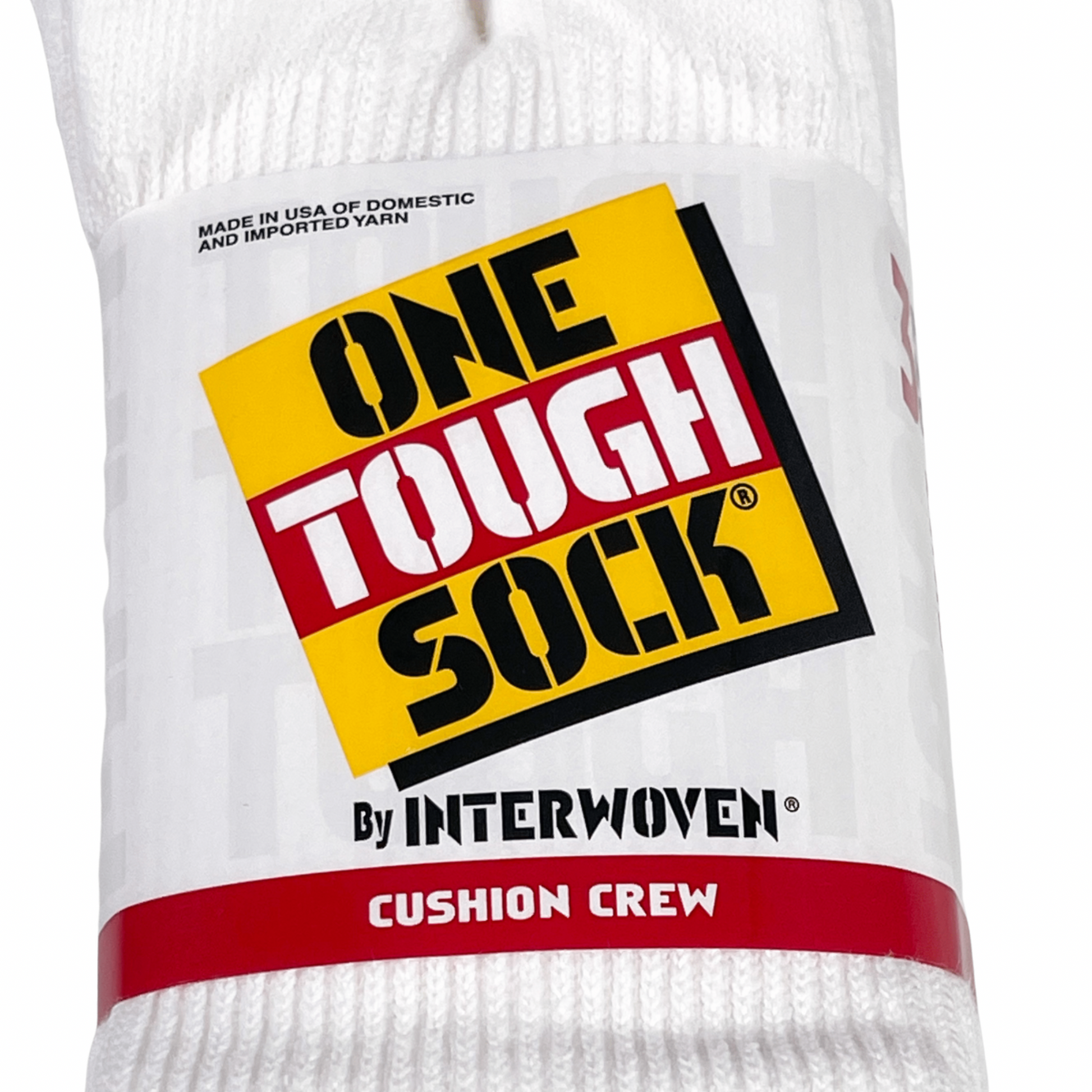 Close up on Front Product Label: INTERWOVEN "ONE TOUGH SOCK" CASUAL COTTON CUSHION CREW - White